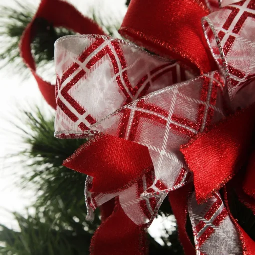 Red and White Glitter Plaid Deluxe Tree Topper Bow with Streamers New