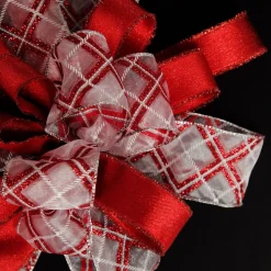Red and White Glitter Plaid Deluxe Tree Topper Bow with Streamers New