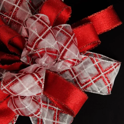 Red and White Glitter Plaid Deluxe Tree Topper Bow with Streamers New