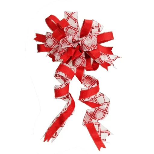 Red and White Glitter Plaid Deluxe Tree Topper Bow with Streamers New
