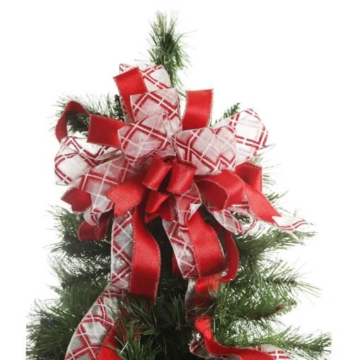 Red and White Glitter Plaid Deluxe Tree Topper Bow with Streamers New