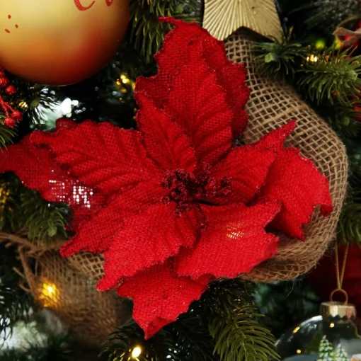 Red Burlap Flower Pick Red Glitter Trim Hot