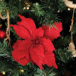 Red Burlap Flower Pick Red Glitter Trim Hot
