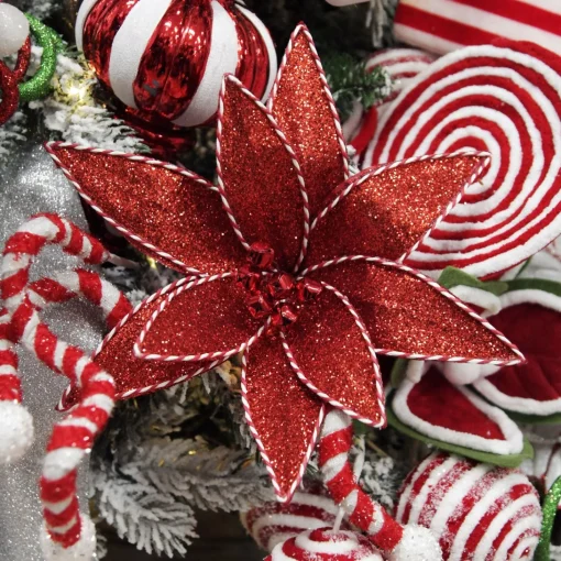 Red Glitter Poinsetta Flower Clip with Twine Trim and Bells Cheap