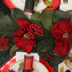 Red Magnolia Flower Green Leaf and Pine Christmas Spray Shop