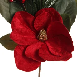 Red Magnolia Flower Green Leaf and Pine Christmas Spray Shop
