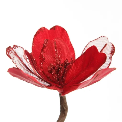 Red Satin Magnolia Flower Stem with Glitter Trim Cheap