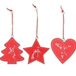 Red Vintage Deer Stamped Christmas Decorations - Set of 6 New