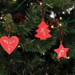 Red Vintage Deer Stamped Christmas Decorations - Set of 6 New