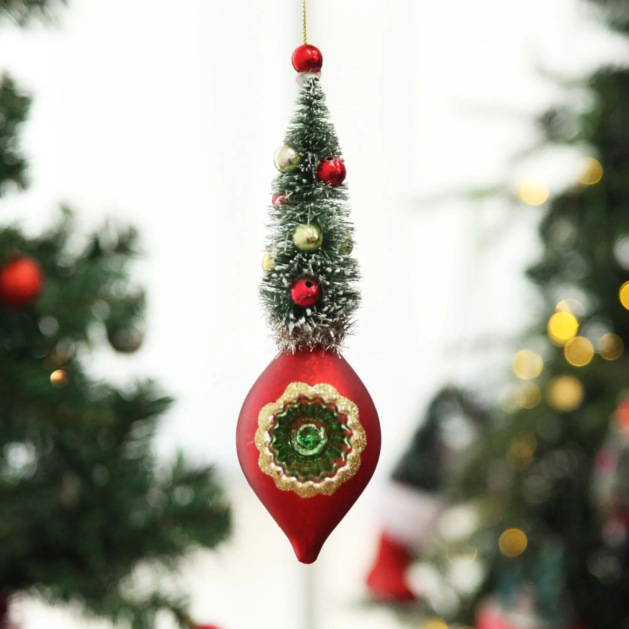 Red Vintage Glass Christmas Finial with Tree Cheap