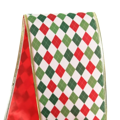 Reversible Red White Green Harlequin Pattern Wired Christmas Ribbon Garland Best