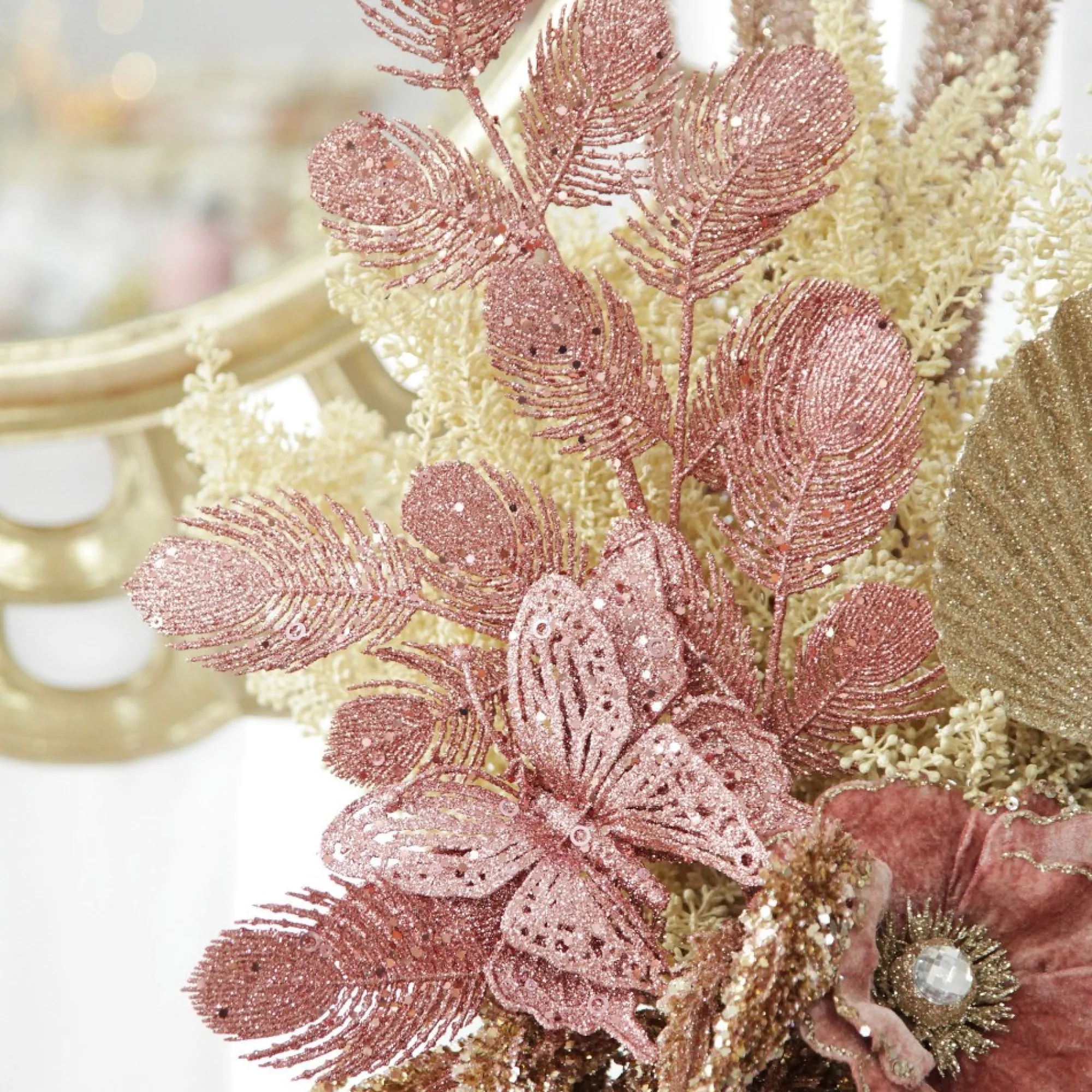 Rose Gold Glitter Feathers with Butterfly Spray Pick Outlet