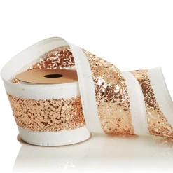 Rose Gold Sequin Wired Christmas Ribbon Clearance