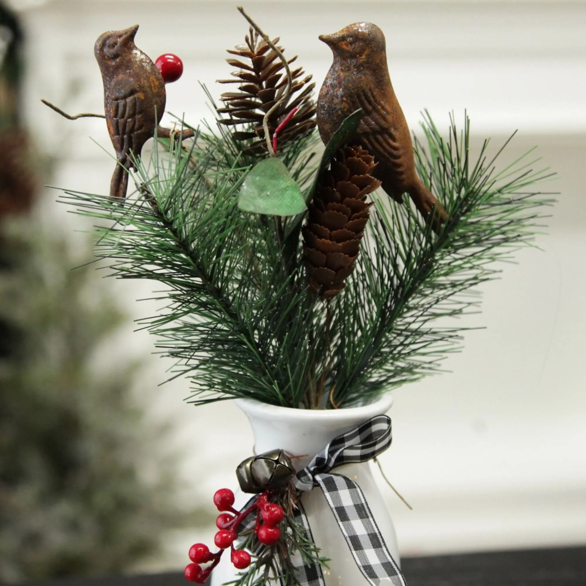 Rusted Tin Bird, Pinecone and Red Berry Pick Cheap