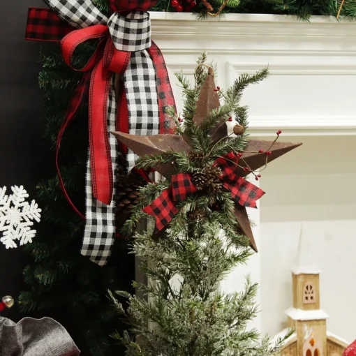 Rusted Tin Star Tree Topper with Buffalo Check Bow and Pine Fashion