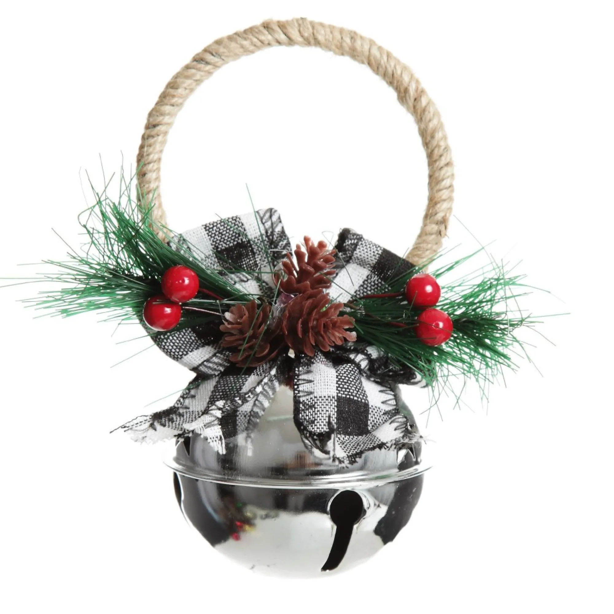 Silver Christmas Bell Door Hanger with Black Buffalo Check Bow Cheap