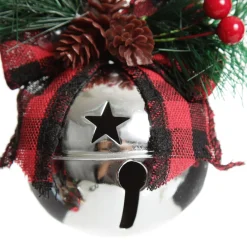 Silver Christmas Bell Door Hanger with Red Buffalo Check Bow Sale