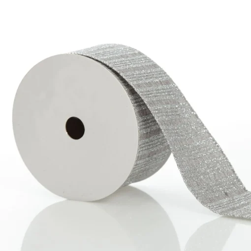 Silver Grey Glitter and Linen Striped Wired Ribbon - 6.5cm Store