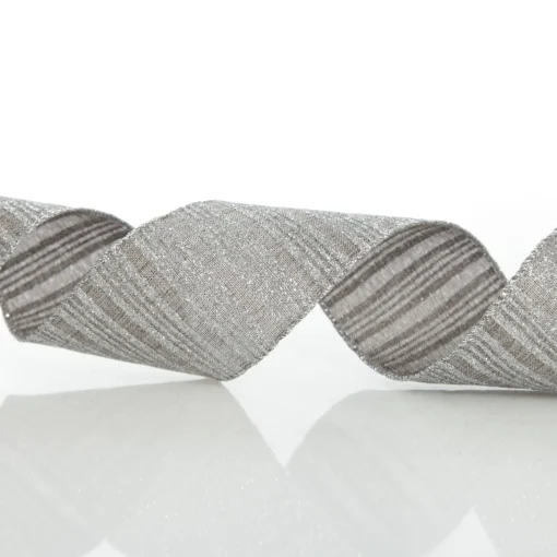 Silver Grey Glitter and Linen Striped Wired Ribbon - 6.5cm Store