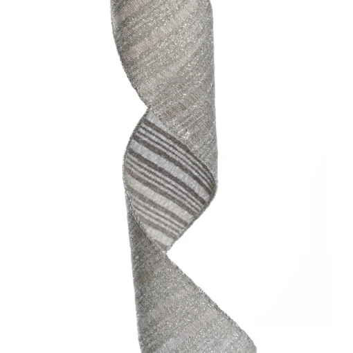 Silver Grey Glitter and Linen Striped Wired Ribbon - 6.5cm Store