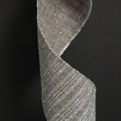 Silver Grey Glitter and Linen Striped Wired Ribbon - 6.5cm Store