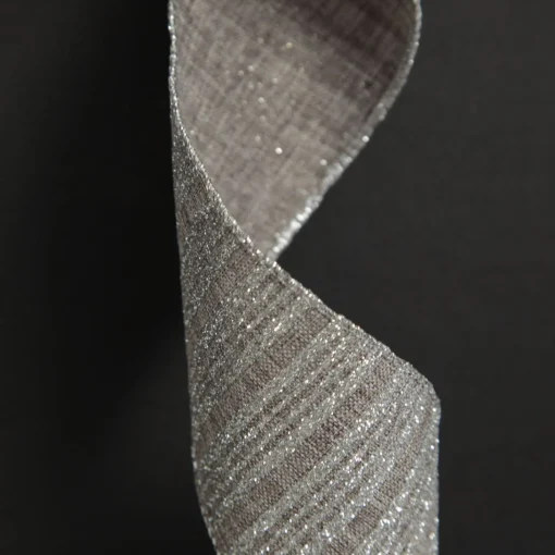 Silver Grey Glitter and Linen Striped Wired Ribbon - 6.5cm Store