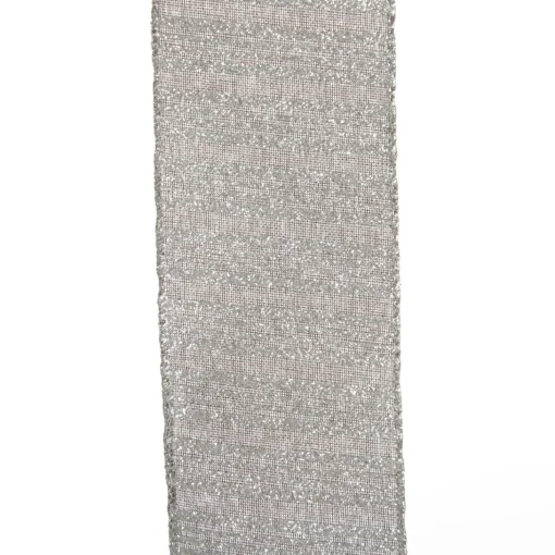 Silver Grey Glitter and Linen Striped Wired Ribbon - 6.5cm Store