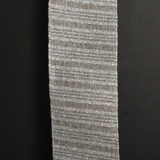 Silver Grey Glitter and Linen Striped Wired Ribbon - 6.5cm Store