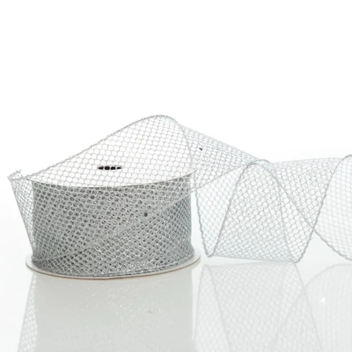 Silver Mesh Wired Christmas RIbbon - 6.5cm Shop