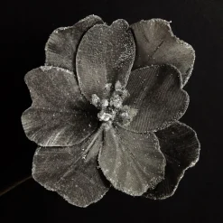 Silver Satin Magnolia Flower Stem with Glitter Trim Fashion