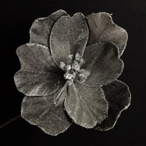 Silver Satin Magnolia Flower Stem with Glitter Trim Fashion