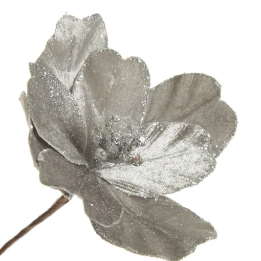 Silver Satin Magnolia Flower Stem with Glitter Trim Fashion