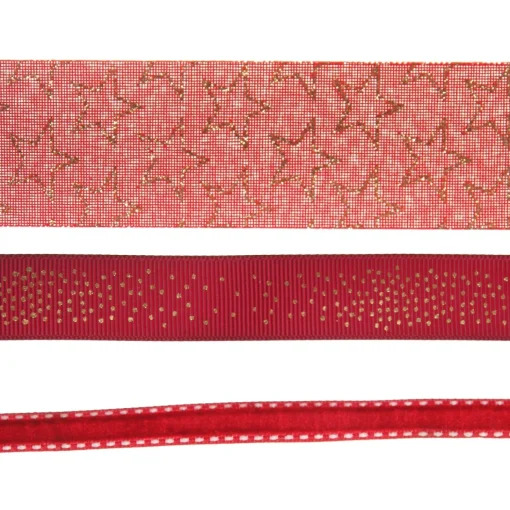 Three Assorted Burgundy and Gold Stars and Dots Christmas Ribbons Hot