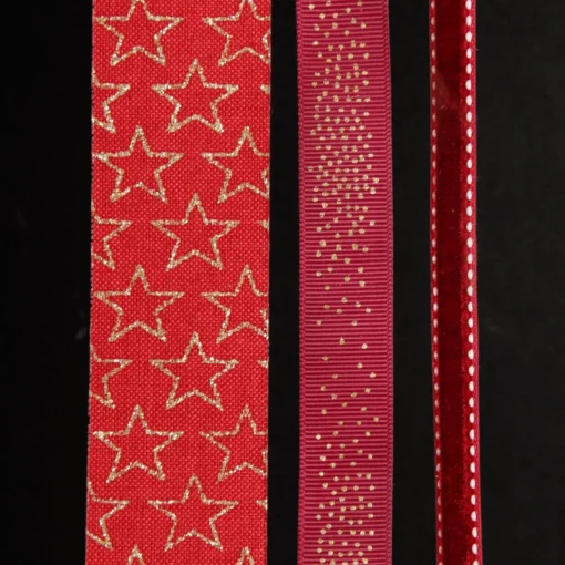 Three Assorted Burgundy and Gold Stars and Dots Christmas Ribbons Hot