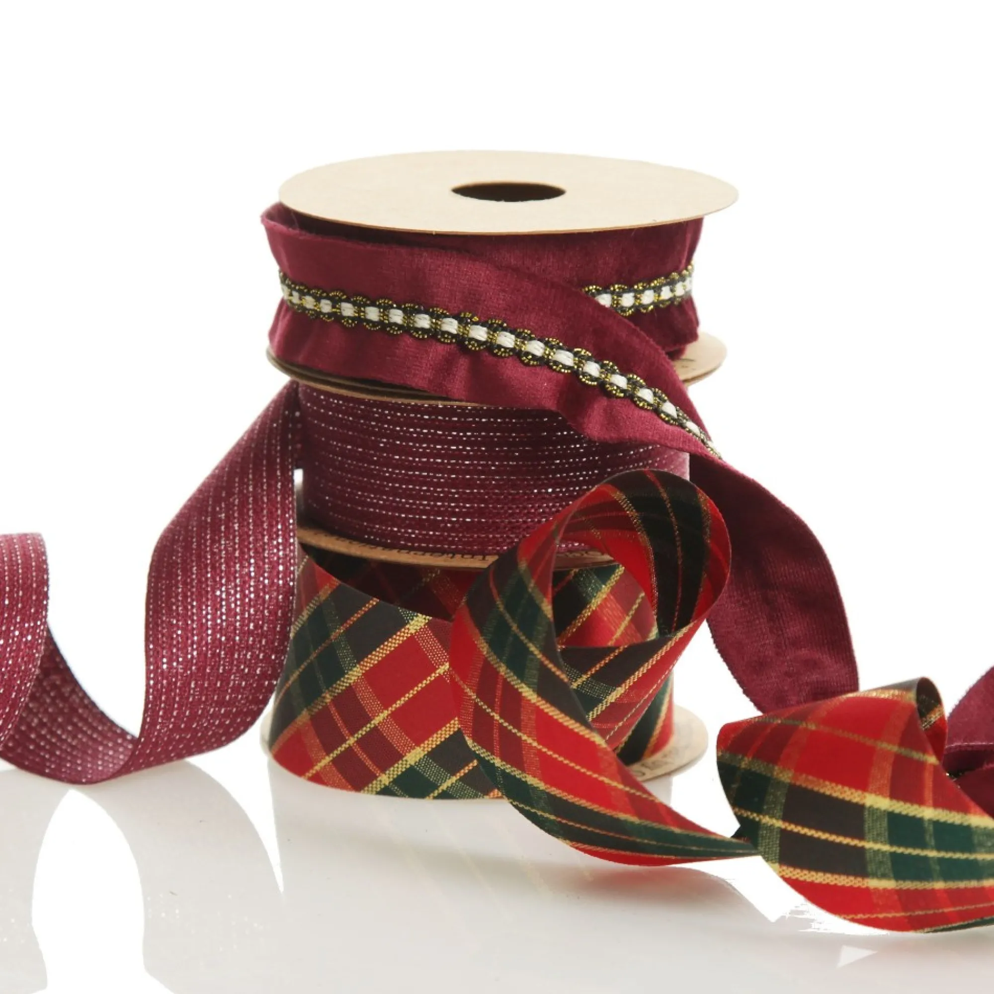 Three Assorted Burgundy Tartan and Braid Christmas Ribbons Hot