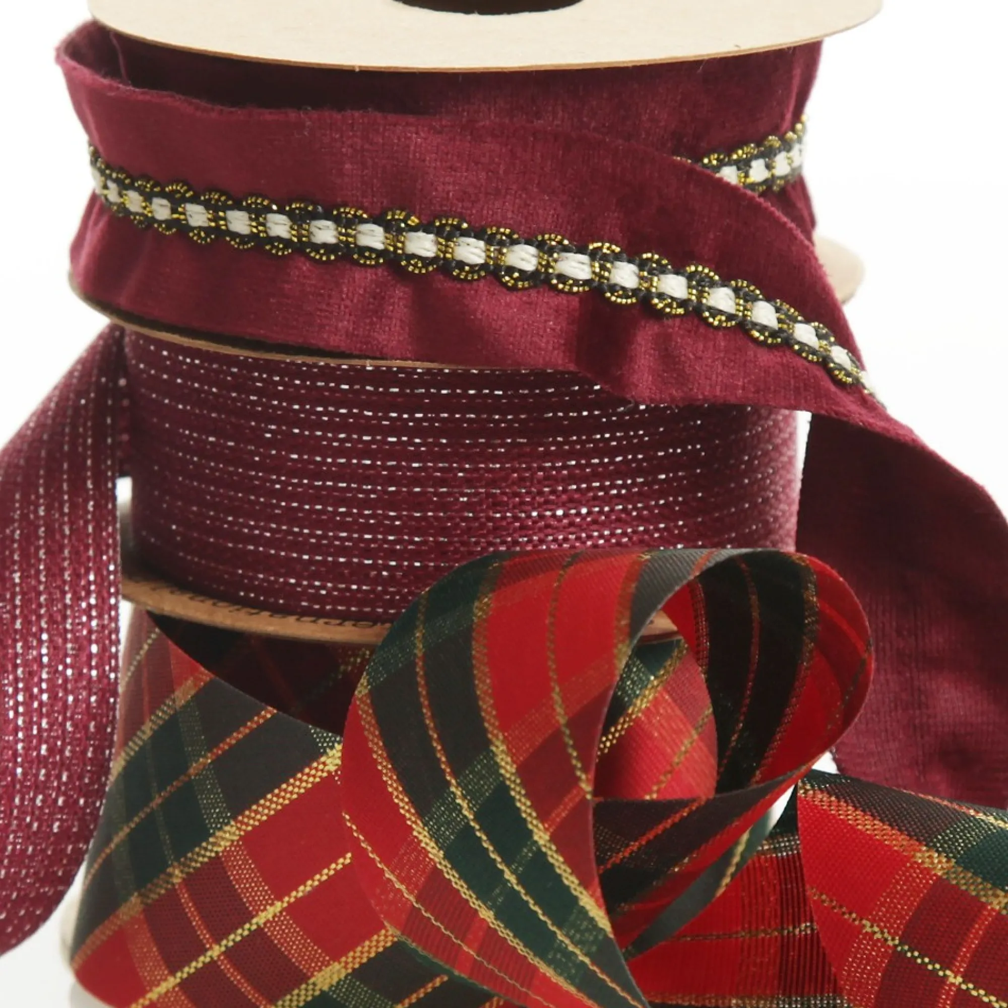 Three Assorted Burgundy Tartan and Braid Christmas Ribbons Hot