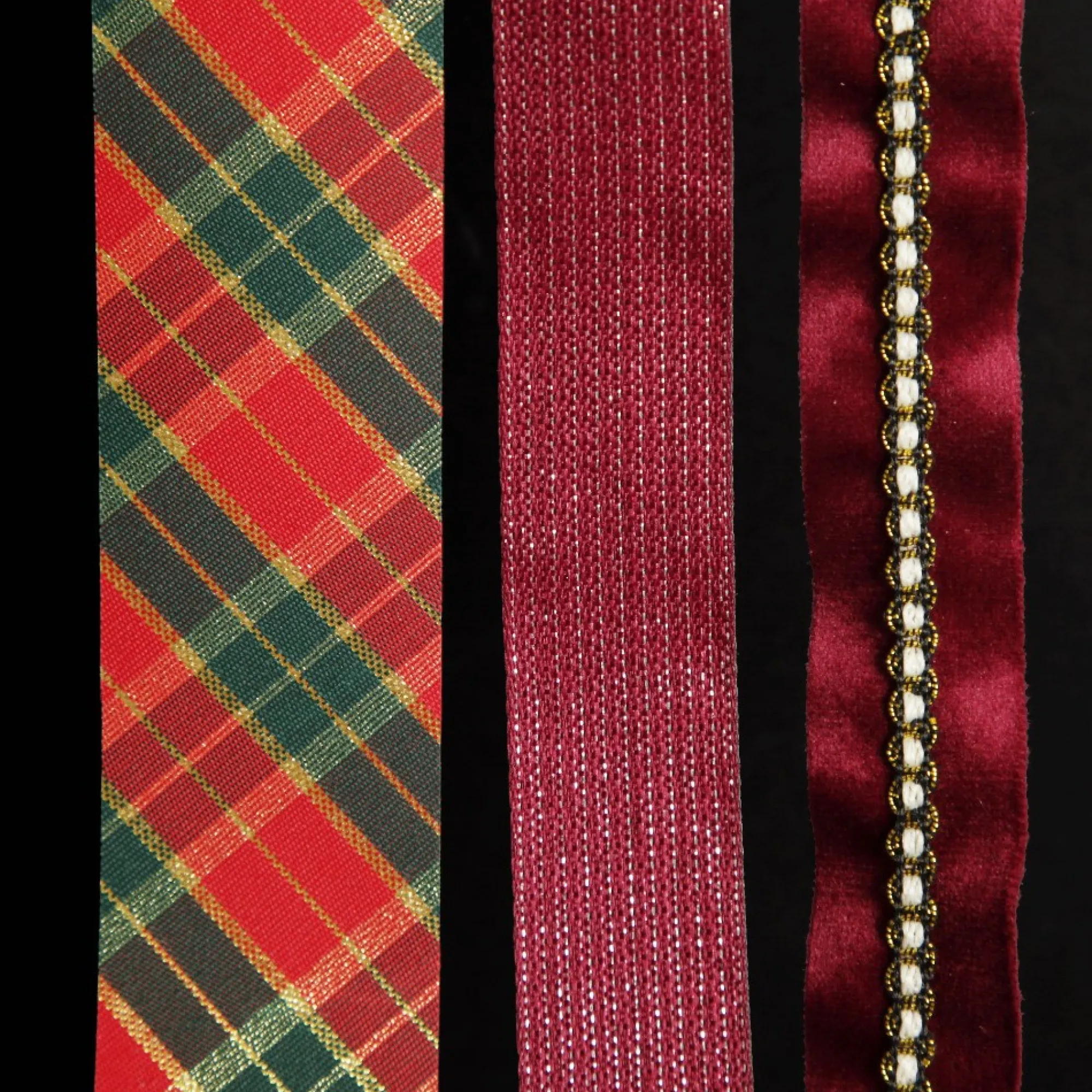 Three Assorted Burgundy Tartan and Braid Christmas Ribbons Hot