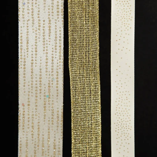 Three Assorted Ivory and Champagne Mesh and Glitter Dots Christmas Ribbons Sale