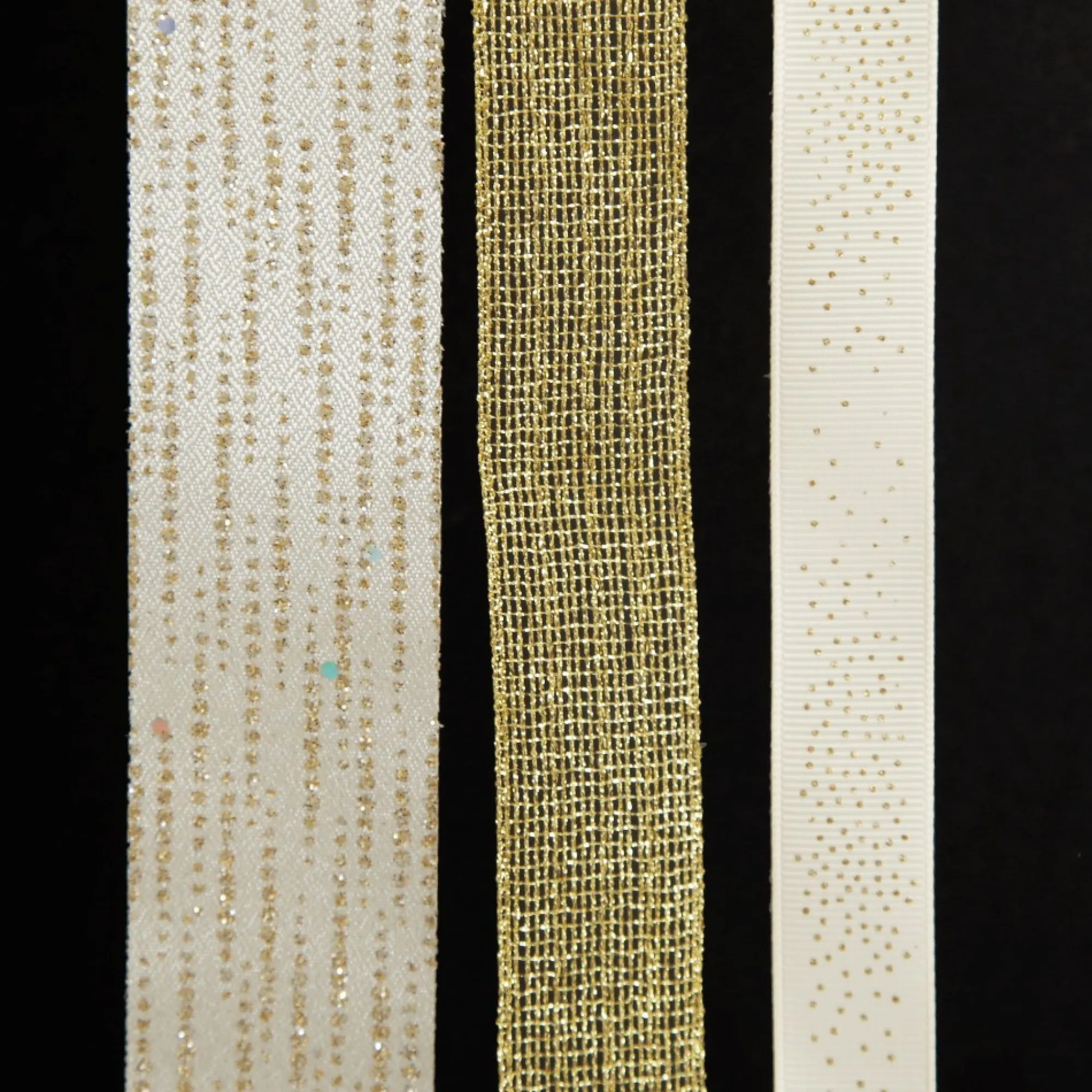 Three Assorted Ivory and Champagne Mesh and Glitter Dots Christmas Ribbons Sale