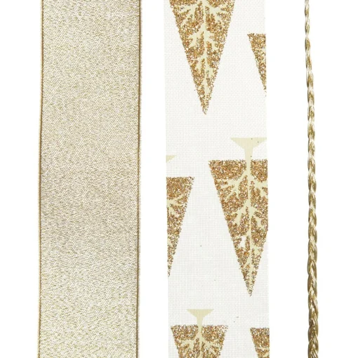 Three Assorted Ivory and Champagne Braid and Glitter Christmas Ribbons Best