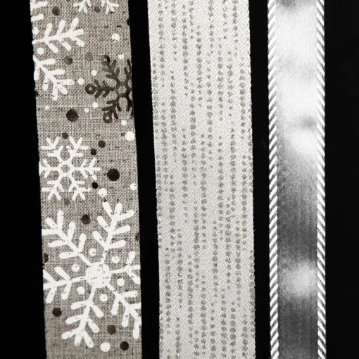 Three Assorted Silver Snowflakes and Dots Christmas Ribbons Cheap