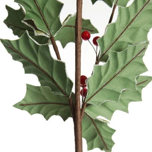Traditional Green Velvet Holly Leaf Christmas Spray with Red Berries Hot