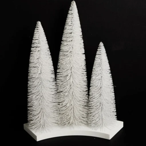 Trio of White Table Top Christmas Trees on Wooden Base Shop