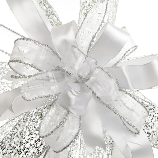 White and Silver Glitter Deluxe Tree Topper Bow with Streamers Online