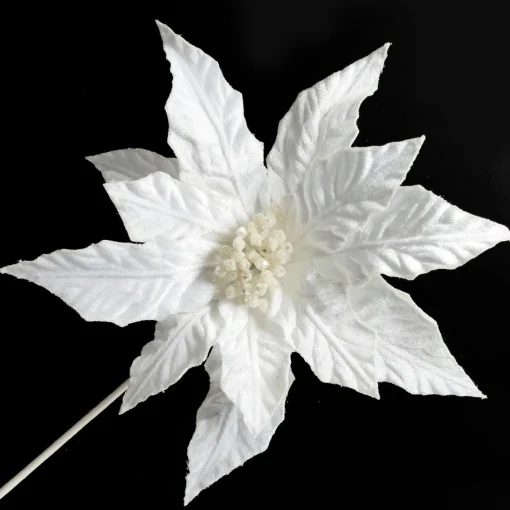 White Embossed Velvet Poinsettia Flower Stem Sale