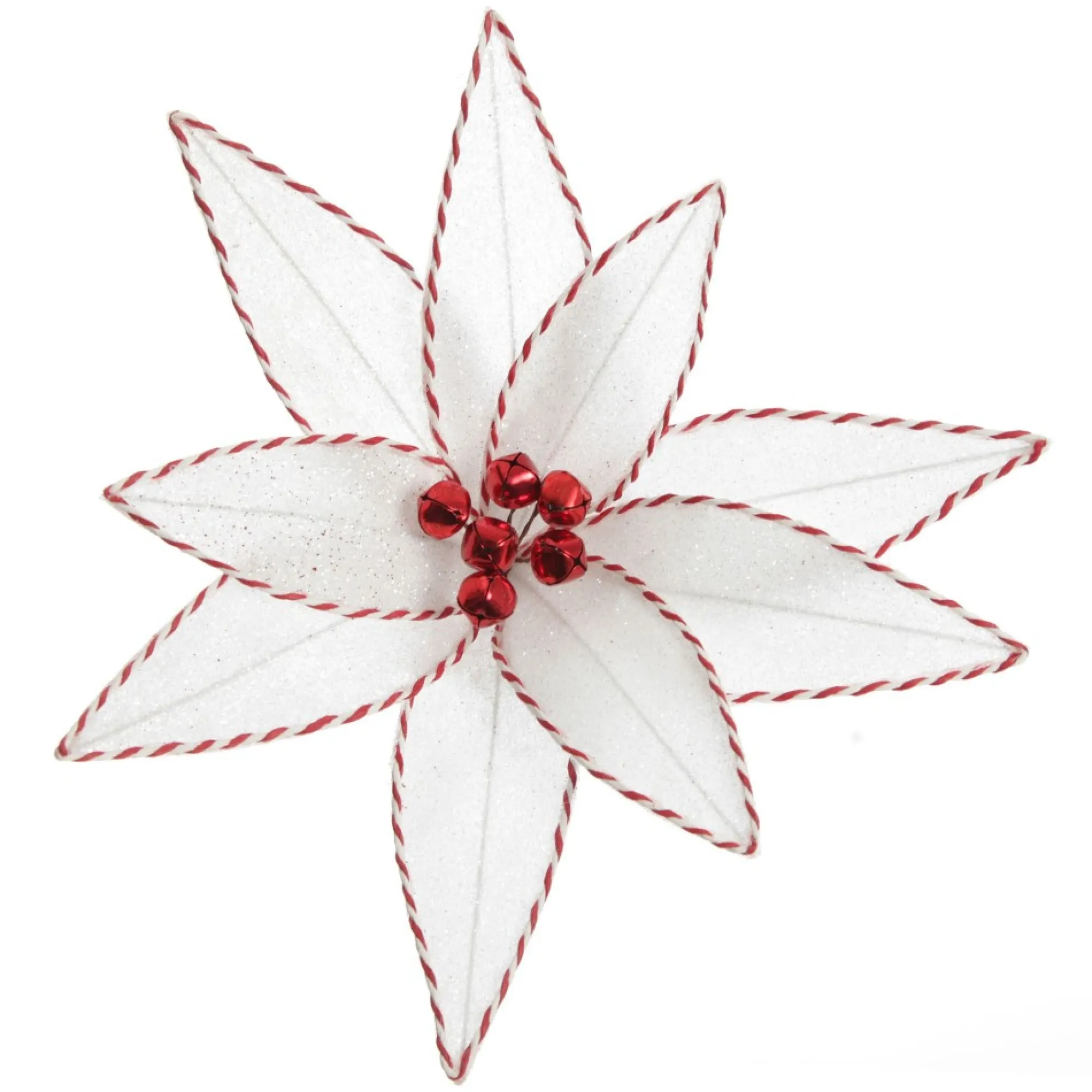 White Glitter Poinsetta Flower Clip with Twine Trim and Bells Best