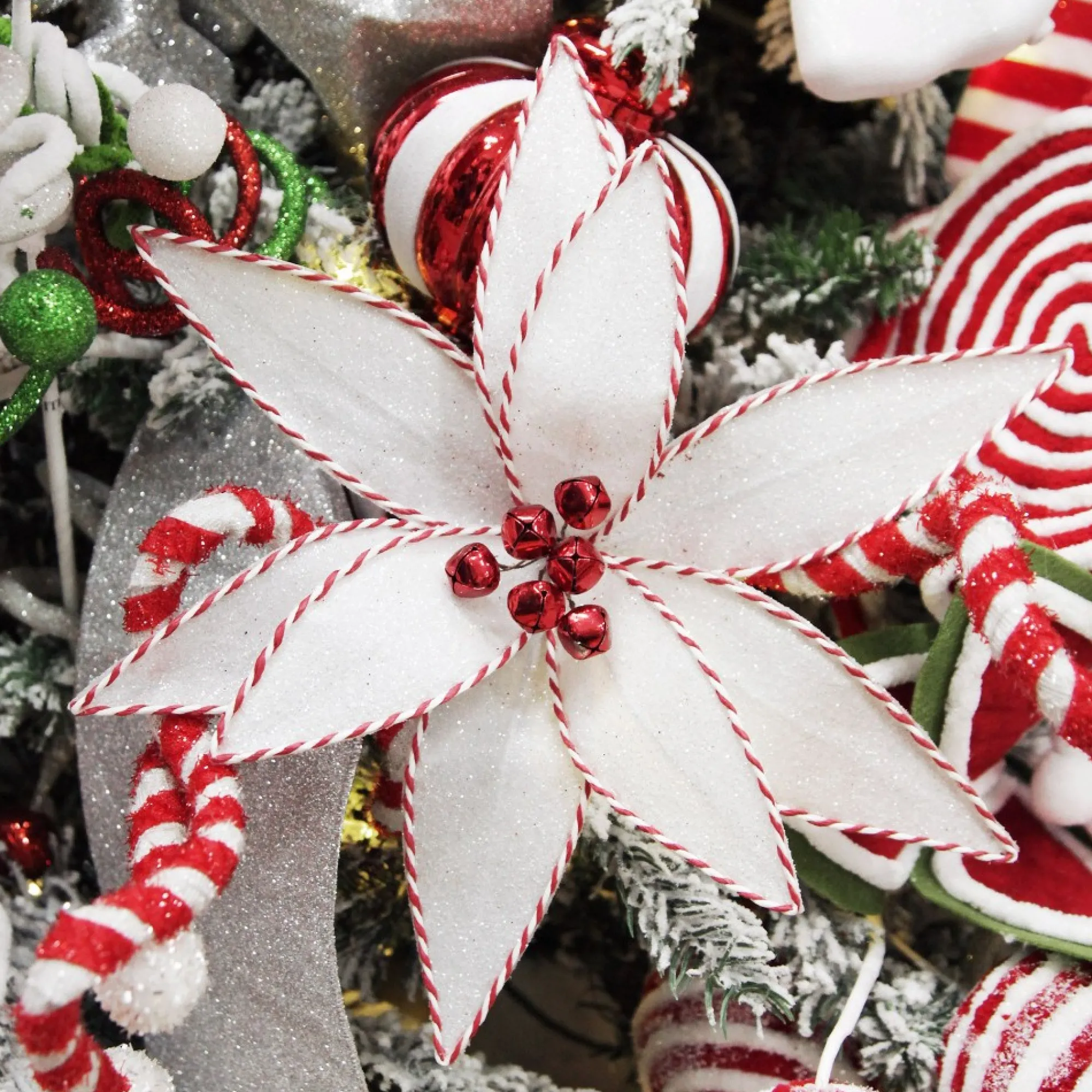 White Glitter Poinsetta Flower Clip with Twine Trim and Bells Best