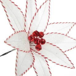 White Glitter Poinsetta Flower Clip with Twine Trim and Bells Best
