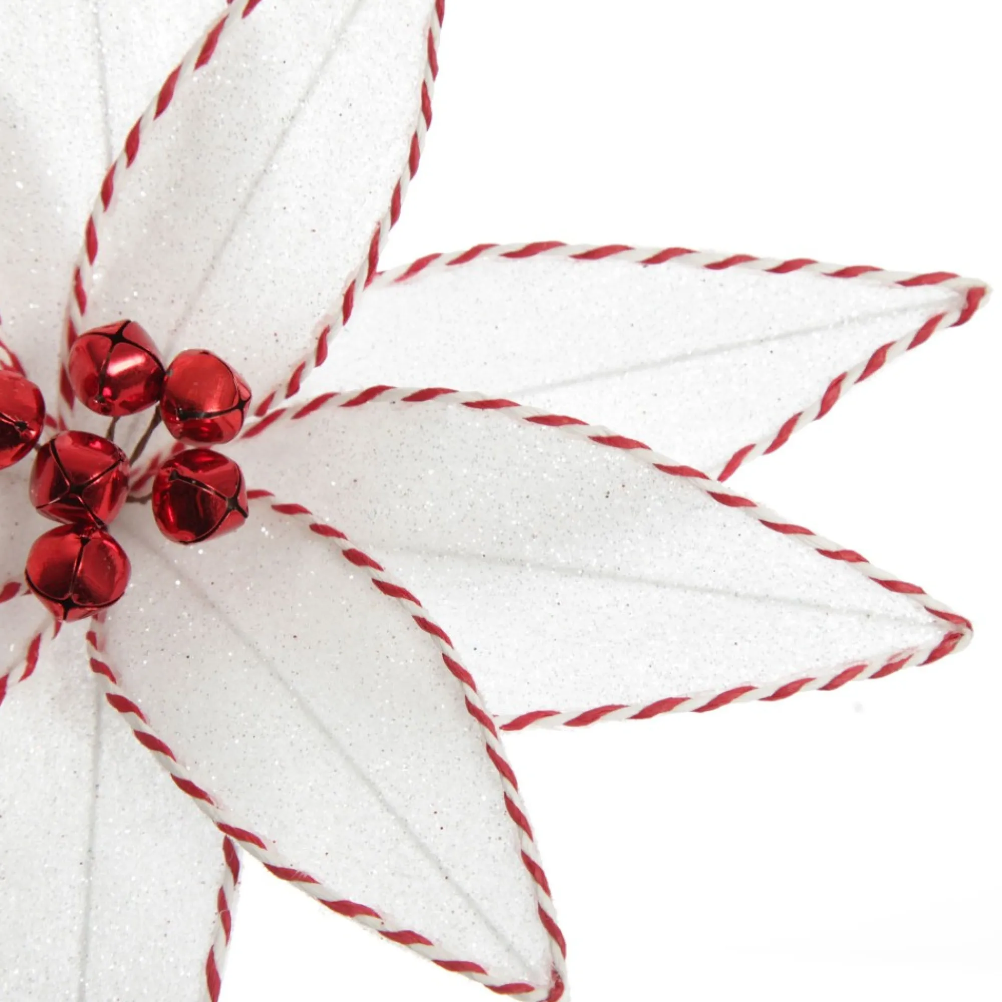 White Glitter Poinsetta Flower Clip with Twine Trim and Bells Best