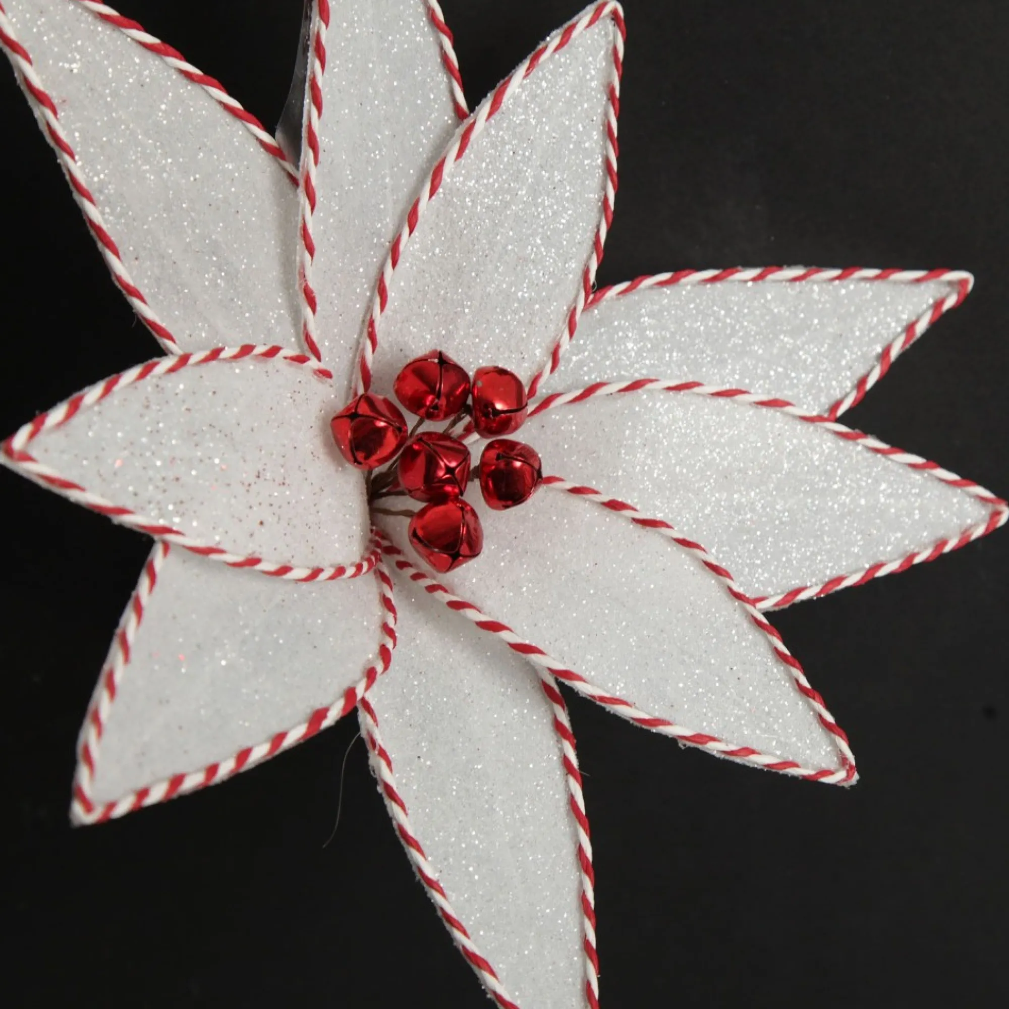 White Glitter Poinsetta Flower Clip with Twine Trim and Bells Best